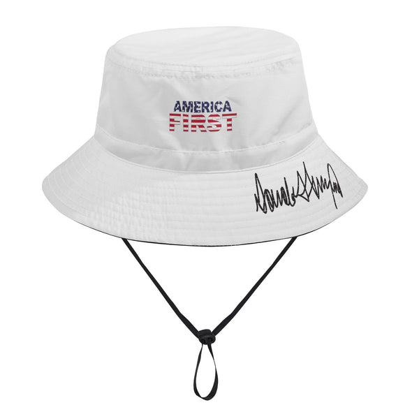 America First White Summer Bucket Hat w/ Trump Signature Brim