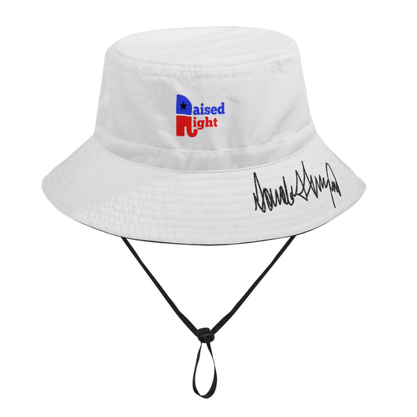 Raised Right Conservative GOP Bucket Hat Summer White Trump Signature on Bill