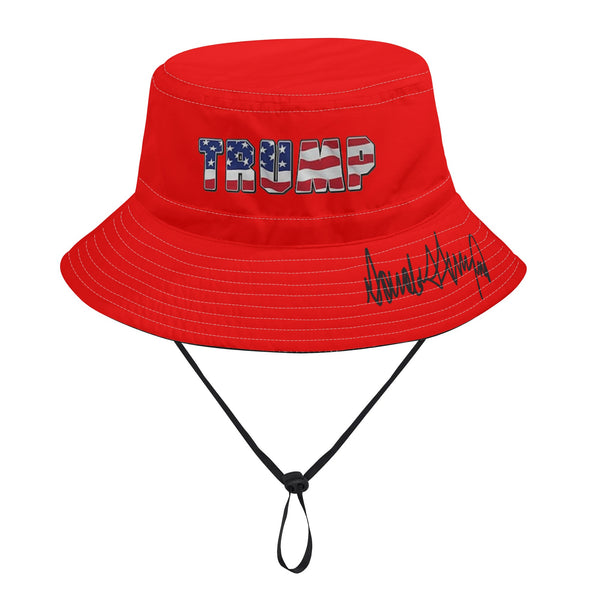 Red Trump Bucket Hat American Flag Letters Signature Bill